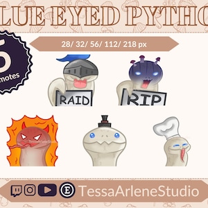 May include: Five cartoon emotes featuring a white snake with blue eyes in different poses. The snake is wearing a knight's helmet, a chef's hat, a top hat, and a crown of thorns. The snake is also holding a sign that says "RAID" and another sign that says "RIP".