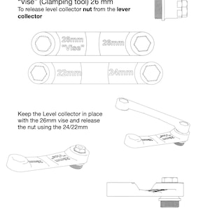 Può includere: Disegno tecnico di un set di utensili di bloccaggio, tra cui un utensile "Vise" da 26 mm e altre chiavi. Il testo spiega l'uso degli utensili per rilasciare un dado del collettore di livello. L'immagine include diagrammi e istruzioni.