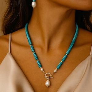 Turquoise & Pearl Necklace and Earrings Set: 14k Gold Filled Toggle Clasp
