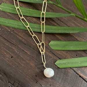 Gold Paperclip Chain - 14K Gold Filled Chain Necklace with Freshwater Pearl Pendant, Baroque Charm Necklace, Jewelry Gifts for Women
