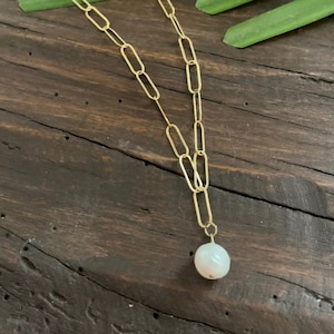 Gold Paperclip Chain - 14K Gold Filled Chain Necklace with Freshwater Pearl Pendant, Baroque Charm Necklace, Jewelry Gifts for Women