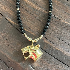 Jaguar Onyx Necklace - 14K Gold Filled Jaguar Pendant and Clasp, Onyx Beads Cheetah Necklace, Jewelry Gifts for Women