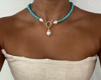 Pearl Toggle Necklace - Turquoise Freshwater 14k Gold Filled Necklace Western Navajo Necklaces for Women Statement Jewelry