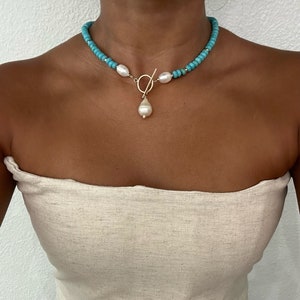 Pearl Toggle Necklace - Turquoise Freshwater 14k Gold Filled Necklace Western Navajo Necklaces for Women Statement Jewelry