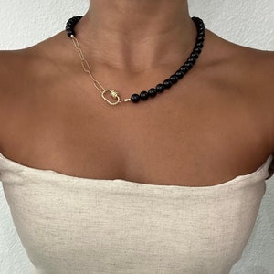 Onyx Beaded Necklace with 14K GoldFilled Paper Clip Chain and Carabiner Clasp