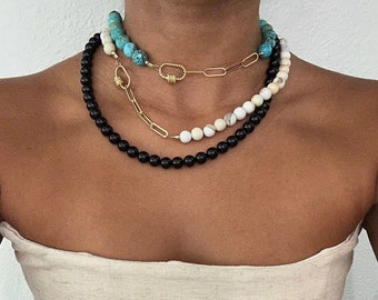 Carabiner Turquoise Necklace, 14K Gold Filled Paperclip Chain Carabiner Clasp Turquoise Beaded Necklace, Natural Stone, Gift for Women