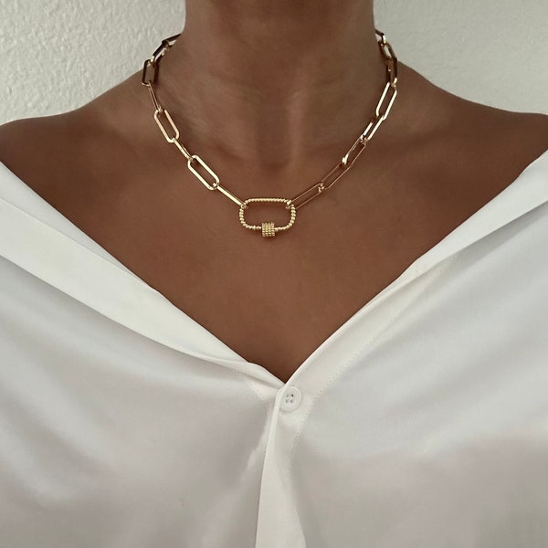 Gold  Necklace - 14k Gold Filled Fancy Paperclip Chain Necklace with Carabiner Clasp,  Chain Necklaces, Jewelry Gifts for Women