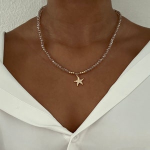 Crystal Starfish Necklace - 14K Gold Filled Crystal Beads Necklace with Starfish Pendant, Crystal Necklaces Jewelry Gift for Women