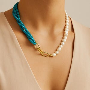 Turquoise and Freshwater Pearl Gold Toggle Necklace - Turquoise Freshwater 14k Gold Filled Necklaces for Women Statement Jewelry Handmade