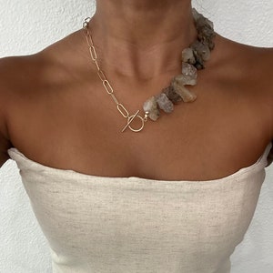 Rutilated Quartz Necklace, 14K Gold Filled Paperclip Chain Toggle Clasp Necklace, Various Shape Stone Bead Necklace, Jewelry Gift for Women