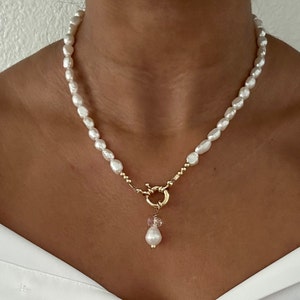 Pearl Necklace - 14K Gold Filled Fancy Paperclip Necklace for Women, Freshwater Pearl Necklace with Toggle Clasp and Pearl & Crystal Pendant