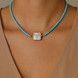 Baroque Pearl Turquoise Necklace - 14K Gold Filled Freshwater Square Baroque Pearl Necklace, Turquoise Beads Necklace Jewelry Gift for Women