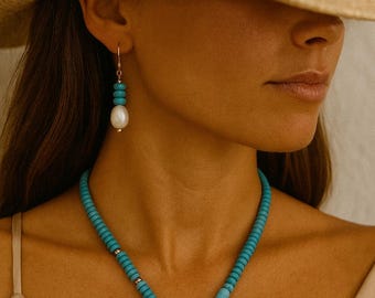 Collier à bascule turquoise et perles d'eau douce - Argent sterling
