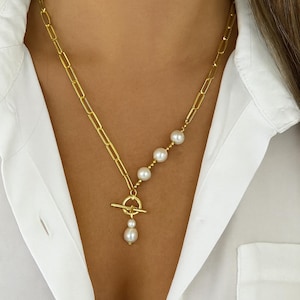 Pearl Toggle Necklace Freshwater Pearl Necklace with 14k Gold Filled Paperclip Chain, Pearl Necklace 14K Gold Jewelry Gift for Women Bridal