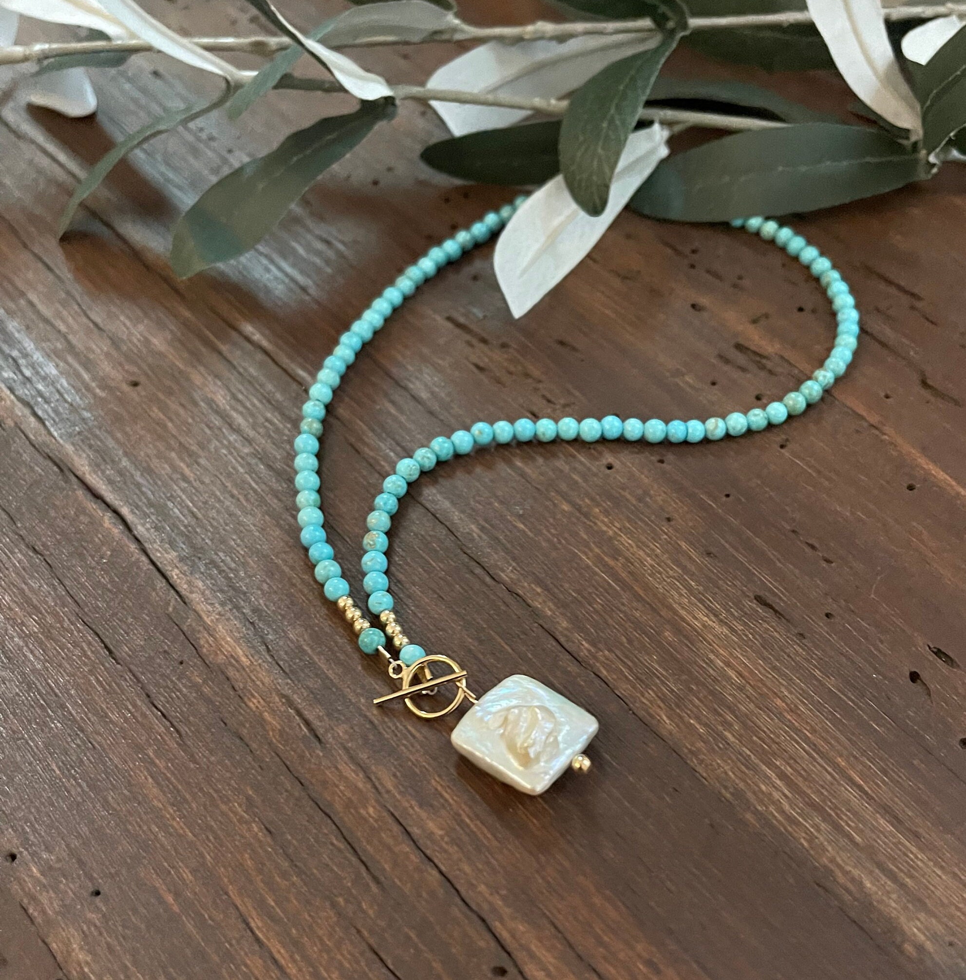 Turquoise Chip & Baroque Pearl Toggle Necklace