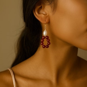 Karneol und Perle baumeln Ohrringe - 14K Gold gefüllt Süßwasser Perle Hoop baumeln Stein Ohrringe, Schmuck Geschenke für Frauen und Braut