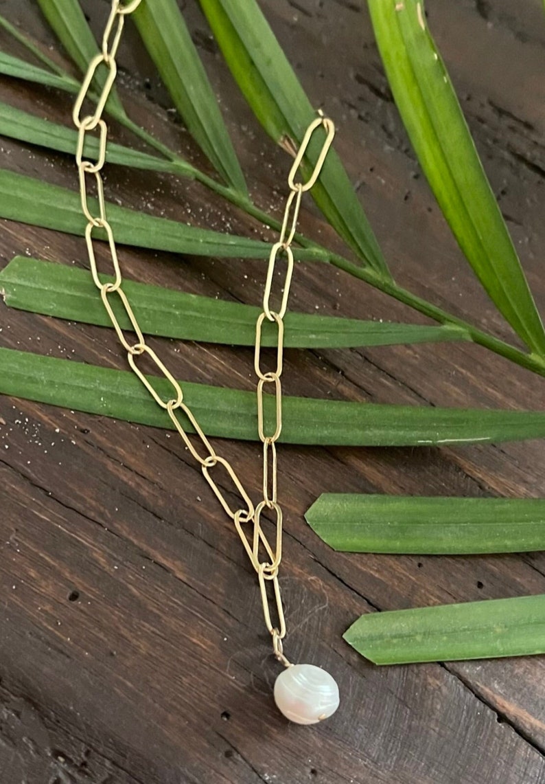 Pearl Paperclip Chain Necklace 14k Gold Filled Paper Clip Chain With