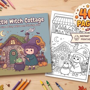 Little Witch Cottage Halloween Coloring Book, 40 Bold Pages (PDF Download)