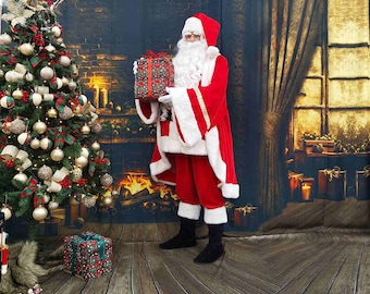 Luxury Santa Claus Leather Coat – Santa Coat with Fur Trim, Double-Breasted Christmas Coat, Holiday Cosplay Outfit, Handmade  Santa coat