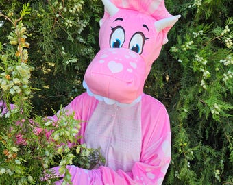 Gepersonaliseerd dinosauruskostuum voor volwassenen; Volwassen dinosaurus; Dinosauruscosplay, Dino-jumpsuit voor vrouw; Roze dinosaurus; Halloweenkostuum