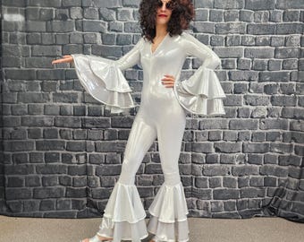 Personalized White Silver Disco Jumpsuit; Disco costume for girl; Dancing queen costume; Disco jumpsuit; Halloween costume for woman