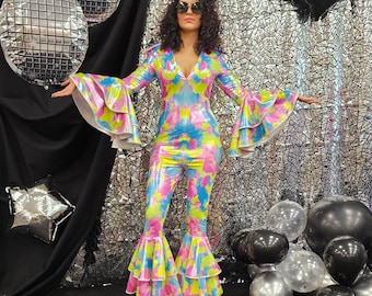 Mono de discoteca personalizado, mono de discoteca, atuendo de discoteca de los 70, disfraz de Halloween, mono de fiesta, disfraz de fiesta, ropa de los 70 para mujer