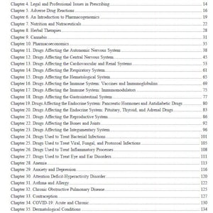 May include: A printed page titled "TABLE OF CONTENT" with a list of chapters and page numbers. The chapters cover topics such as pharmacology, drug reactions, and various medical conditions.