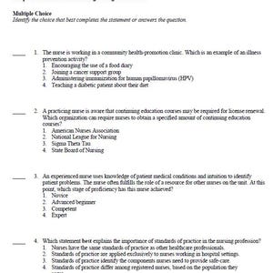 May include: A page from a nursing textbook, "Davis Advantage for Basic Nursing," with multiple-choice questions. The text includes questions about community health, continuing education, and nursing proficiency.