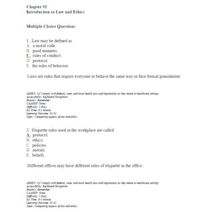 May include: A textbook page titled "Law & Ethics for Health Professions 10th Edition" with multiple-choice questions on law and ethics. The chapter is titled "Introduction to Law and Ethics". The text includes questions and answer options.