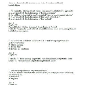 May include: A page from a nursing textbook, featuring multiple-choice questions on health assessment. The text includes questions, answer keys, and feedback. The title reads "Bates' Nursing Guide to Physical Examination and History Taking / Edition 3 Testbank."