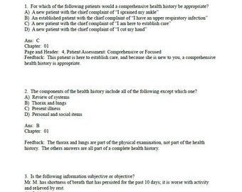 Practice Question and Answers for Bates' Nursing Guide to Physical Examination and History Taking 3rd Edition