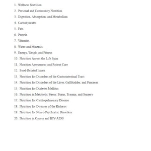 May include: A white page with the title "Nutritional Foundations and Clinical Applications, 8th Edition." The page lists 20 topics including Wellness Nutrition, Carbohydrates, Vitamins, and Nutrition for Diabetes Mellitus.