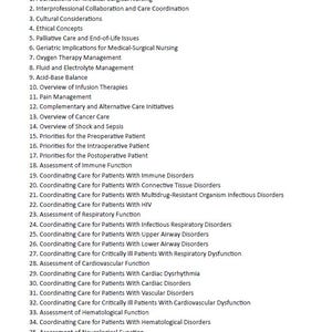Puede incluir: Una lista de temas del libro "Davis Advantage for Medical-Surgical Nursing: Making Connections to Practice 3rd Edition". Los temas incluyen fundamentos de enfermería, coordinación de la atención al paciente y diversas afecciones médicas.
