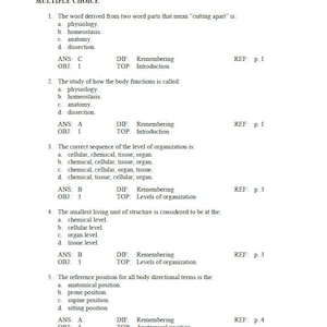 May include: A page from a textbook titled "Chapter 01: Introduction to the Body" with multiple-choice questions. The text includes questions about anatomy and physiology, with answer keys and page references.
