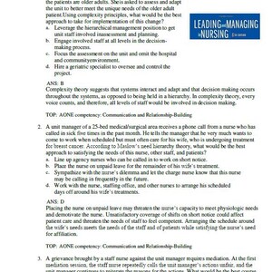 May include: A textbook page titled "Leading and Managing in Nursing, 8th Edition," featuring multiple-choice questions. The content focuses on nursing management, patient care, and staff-related scenarios. The book's title and chapter details are clearly displayed.