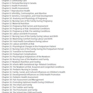 May include: A document titled "Table of content" lists 45 chapters. The chapters cover topics such as perinatal and paediatric nursing, family care, pregnancy, labour, birth, and newborn care. The document is in black text on a white background.