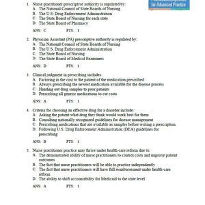 May include: A page from a textbook titled "Chapter 1 Issues for the Practitioner in Drug Therapy." The text includes multiple-choice questions about drug therapy regulations and clinical judgment. A small blue rectangle in the upper right corner reads "Pharmacotherapeutics for Advanced Practice."