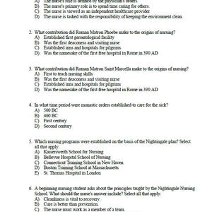 May include: A printed page from a nursing textbook, titled "Chapter 1." The text includes multiple-choice questions about nursing history and principles, with options labeled A through E. The questions are in black font.
