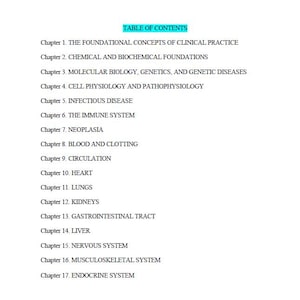May include: A white page with the title "TABLE OF CONTENTS" in a light blue box. The page lists 17 chapters covering topics in clinical practice, including molecular biology, the immune system, and the endocrine system.