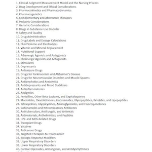 Op de afbeelding: Een lijst met farmacologie-onderwerpen uit de 12e editie van "Pharmacology: A Patient-Centered Nursing Process Approach" van McCuistion. Onderwerpen zijn onder meer medicatietoediening, anti-epileptica en geneesmiddelen tegen kanker.