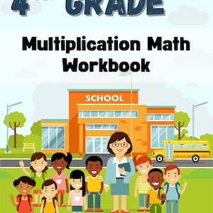 Op de afbeelding: Een kleurrijke illustratie voor een werkboek voor vermenigvuldiging in groep 4. De afbeelding toont een schoolgebouw, een gele schoolbus, een leraar en een groep diverse leerlingen. De lucht is lichtblauw met vogels.