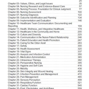 Könnte beinhalten: Ein schwarz-weiß Inhaltsverzeichnis aus einem Pflegelehrbuch. Die Liste enthält Kapitelüberschriften wie "Pflegebeurteilung", "Vitalzeichen" und "Urinausscheidung" mit den entsprechenden Seitenzahlen.