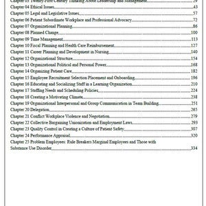 Może przedstawiać: Szczegółowy spis treści z książki, zawierający rozdziały i numery stron. Tekst jest czarny na białym tle. Tytuł "Spis treści" znajduje się na górze, a następnie tytuły rozdziałów dotyczące przywództwa, zarządzania i opieki zdrowotnej.