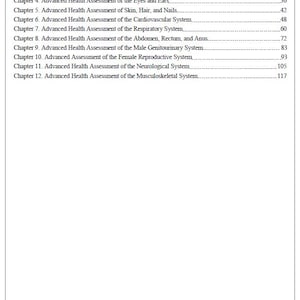 May include: A white page titled "Table of Contents" with a list of chapters. The chapters cover topics such as health history, head assessment, skin assessment, and the cardiovascular system. Page numbers are listed to the right.