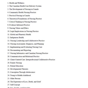 May include: A list of topics from the book "Potter and Perry's Canadian Fundamentals of Nursing, 7th Edition." The topics include Health and Wellness, Nursing Practice, and Patient Education. The text is in black font on a white background.