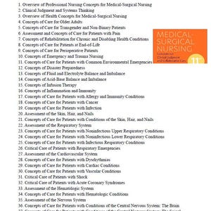 May include: A textbook titled "Ignatavicius: Medical-Surgical Nursing, 11th Edition" with a list of nursing concepts. The cover features the title "Medical-Surgical Nursing" with the number "11" in a yellow circle.