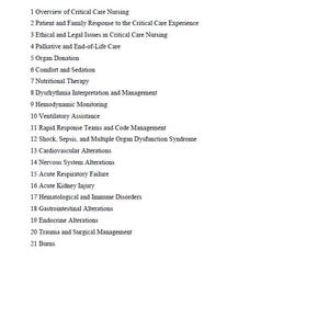 May include: A white page with the title "Sole's Introduction to Critical Care Nursing 9th Edition" and a numbered list of topics including "Overview of Critical Care Nursing" and "Acute Kidney Injury".