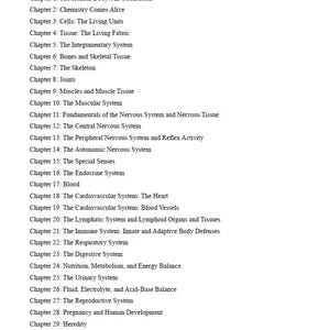 May include: A textbook titled "Marieb Human Anatomy & Physiology, 12th Edition" with a list of chapter titles. The chapters cover topics such as the human body, cells, tissues, skeletal systems, and various other biological systems.