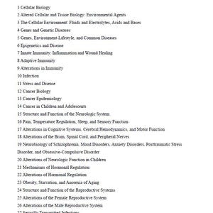 May include: A textbook titled "McCance & Huether's Pathophysiology, 9th Edition" with a list of chapter titles. The chapters cover topics such as cellular biology, cancer, and neurological systems. The text is in black font on a white background.