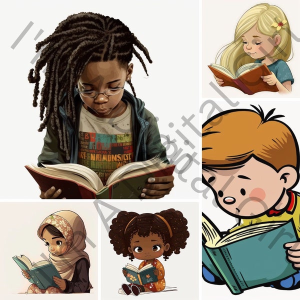 Multicultural Readers/ Diverse Readers Clipart, Children Reading, PNG, Instant download, Commercial Use